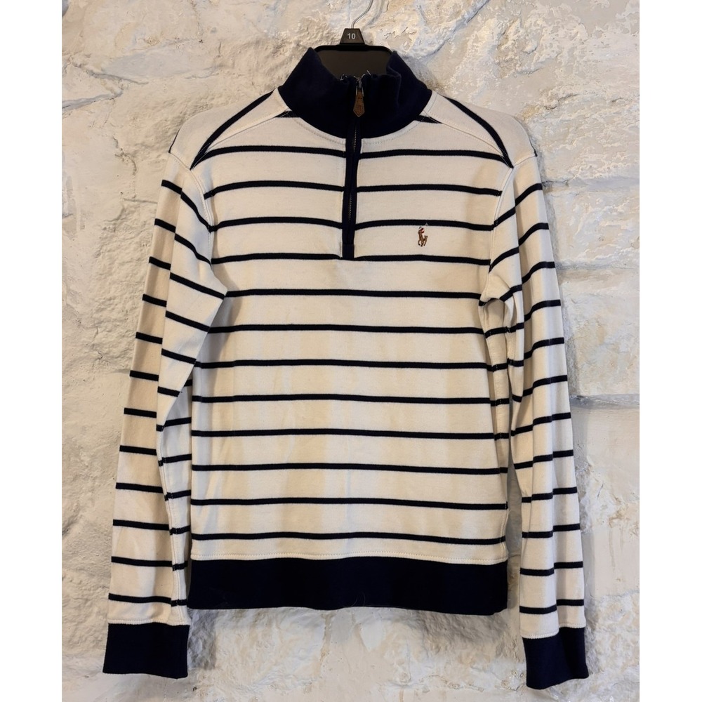 Polo Ralph Lauren Quarter Zip Boys M 10-12 White Blue Striped Pullover Nautical